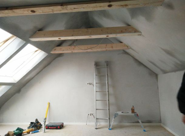 Solid Attics - Conversion - After plaster and beams installed 